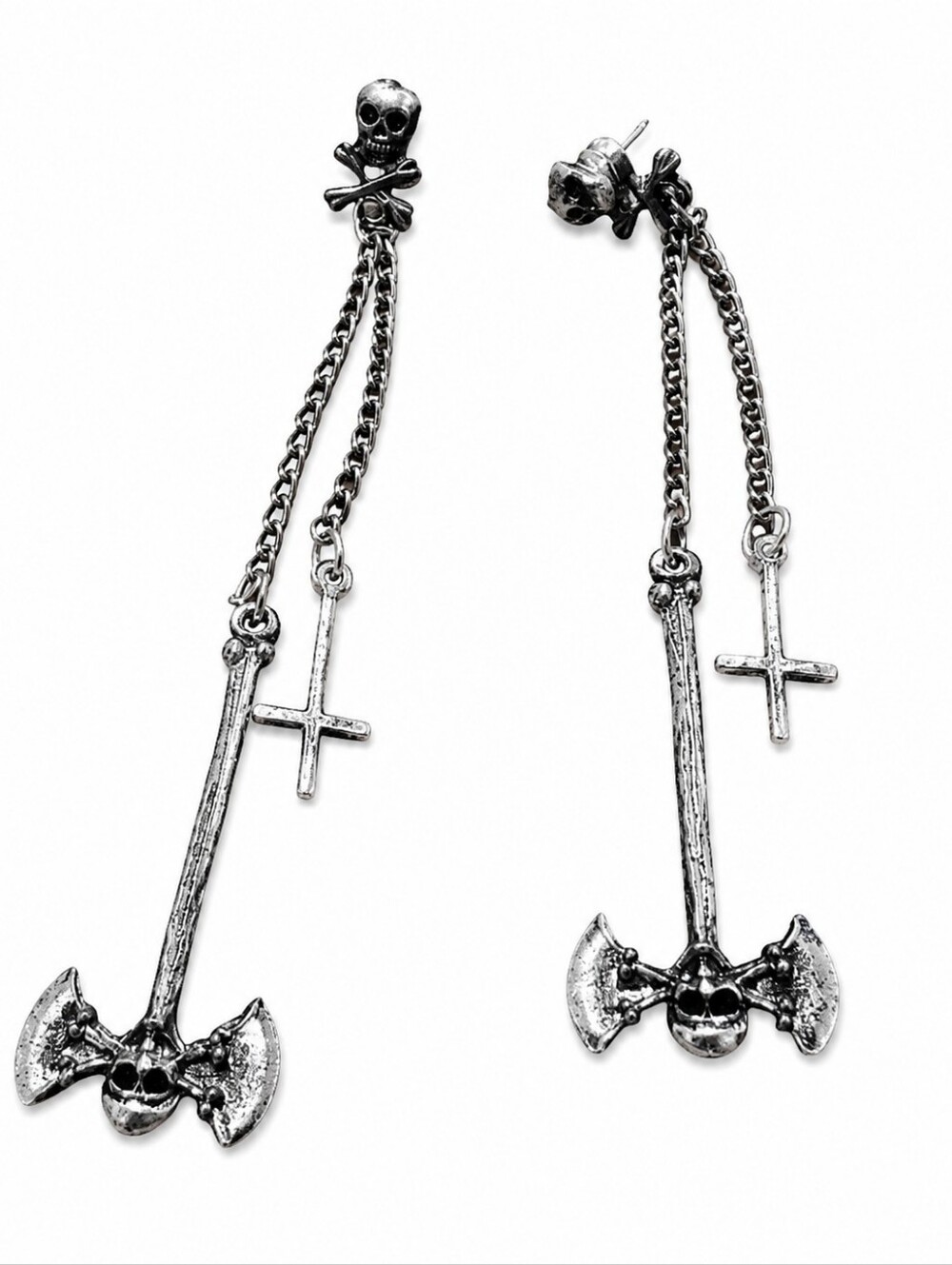 Gothic Skull & Double Axe Dangle Earrings Silver Tone Cross Chain Punk Emo